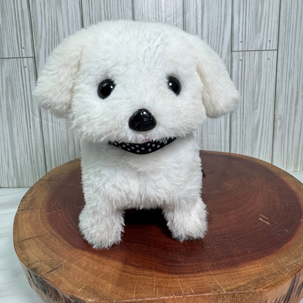 White Electronic Plush Puppy Dog Walking Toy Polka Dot Collar 7 Inch